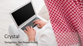  Presentation with arab - Cool new slides with young arab businessman in business concept backdrop and a soft green colored foreground