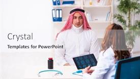  Presentation with doctor visiting family - PPT theme consisting of young-arab-businessman-visiting-caucasian background and a sky blue colored foreground