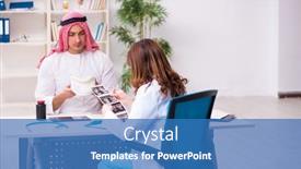  Presentation with doctor visiting family a new born - Presentation theme consisting of young-arab-businessman-visiting-caucasian background and a teal colored foreground