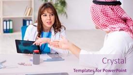  Presentation with female doctor - PPT layouts having young-arab-businessman-visiting-caucasian background and a lemonade colored foreground