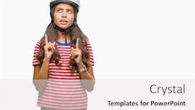  Presentation with cyclist - Slide set featuring young arab cyclist woman wearing safety helmet over isolated background amazed and surprised looking up and pointing with fingers and raised arms background and a white colored foreground