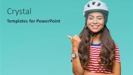  Presentation with cyclist - Amazing slides having young arab cyclist woman wearing safety helmet over isolated background smiling with happy face looking and pointing to the side with thumb up backdrop and a seafoam green colored foreground