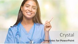  Presentation with hand surgeon - Theme enhanced with young arab doctor surgeon woman over isolated background with a big smile on face pointing with hand and finger to the side looking at the camera background and a light blue colored foreground
