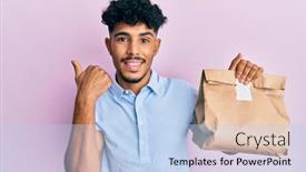 Presentation with paper bag - Beautiful presentation design featuring young-arab-handsome-man-holding backdrop and a light blue colored foreground