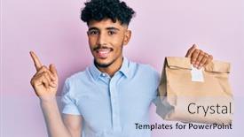  Presentation with paper bag - Slide set enhanced with young-arab-handsome-man-holding background and a light blue colored foreground