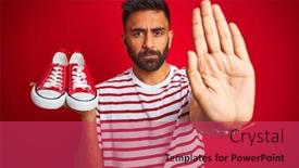  Presentation with sneakers - Presentation design enhanced with young arab indian hispanic man holding sport casual sneakers over isolated red background with open hand doing stop sign with serious and confident expression defense gesture background and a red colored foreground