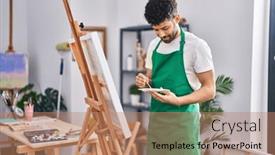  Presentation with art - Slide set with young-arab-man-artist-smiling background and a  colored foreground