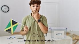  Presentation with political campaign - Slide set with young-arab-man-at-political background and a coral colored foreground