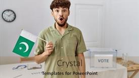  Presentation with pakistan flag - Presentation design enhanced with young-arab-man-at-political background and a coral colored foreground
