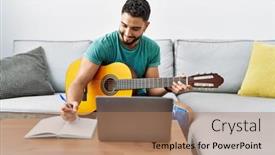  Presentation with classical guitar - Slide deck consisting of young-arab-man-composing-song background and a coral colored foreground