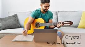  Presentation with classical guitar - Presentation design enhanced with young-arab-man-composing-song background and a coral colored foreground