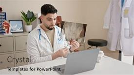  Presentation with xray - Slide deck featuring young-arab-man-doctor-looking background and a light gray colored foreground