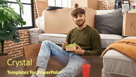  Presentation with take - PPT theme consisting of young-arab-man-eating-take background and a tawny brown colored foreground