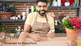  Presentation with envelope - Presentation design enhanced with young-arab-man-florist-writing background and a coral colored foreground