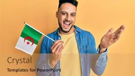  Presentation with arab - Beautiful PPT layouts featuring young-arab-man-holding-algeria backdrop and a yellow colored foreground