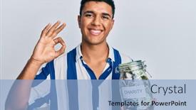  Presentation with charity - PPT theme enhanced with young-arab-man-holding-charity background and a light blue colored foreground