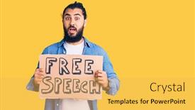  Presentation with free speech - PPT theme featuring young-arab-man-holding-free background and a yellow colored foreground