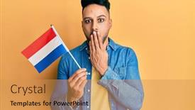  Presentation with woman covering man mouth hand - Beautiful presentation featuring young-arab-man-holding-holland backdrop and a yellow colored foreground