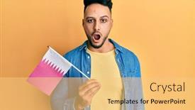  Presentation with qatar flag - PPT theme featuring young-arab-man-holding-qatar background and a yellow colored foreground