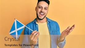  Presentation with scotland flag - Cool new PPT theme with young-arab-man-holding-scotland backdrop and a yellow colored foreground