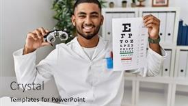  Presentation with optometry - PPT theme consisting of young-arab-man-holding-sneller background and a light gray colored foreground