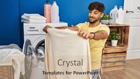  Presentation with laundry room - Presentation design having young-arab-man-holding-sweater background and a soft green colored foreground