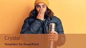  Presentation with woman covering man mouth hand - PPT theme having young-arab-man-holding-thermo background and a red colored foreground