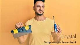  Presentation with arabic music arab man playing - Slide deck with young-arab-man-holding-toolbox background and a yellow colored foreground