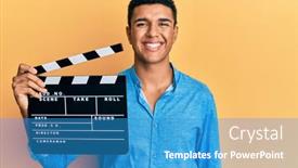  Presentation with clapboard - Amazing slide set having young-arab-man-holding-video backdrop and a teal colored foreground