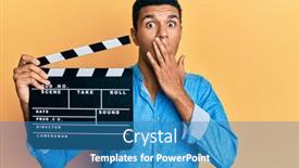  Presentation with clapboard - Colorful PPT theme enhanced with young-arab-man-holding-video backdrop and a teal colored foreground