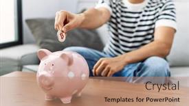  Presentation with piggy bank - Slide set enhanced with young-arab-man-inserting-bitcoin background and a coral colored foreground