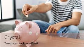  Presentation with piggy bank - Presentation design with young-arab-man-inserting-bitcoin background and a coral colored foreground