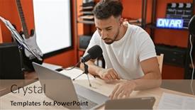  Presentation with arab - Presentation design enhanced with young-arab-man-musical-reporter background and a coral colored foreground