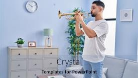  Presentation with trumpet - PPT theme enhanced with young-arab-man-musician-playing background and a light blue colored foreground