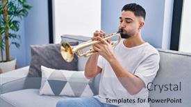  Presentation with trumpet - PPT theme with young-arab-man-musician-playing background and a light blue colored foreground
