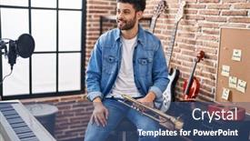  Presentation with arab music - Presentation theme featuring young-arab-man-musician-smiling background and a ocean colored foreground