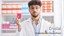  Presentation with arab - PPT theme with young-arab-man-pharmacist-holding background and a sky blue colored foreground