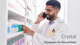  Presentation with toothpaste - PPT layouts consisting of young-arab-man-pharmacist-holding background and a light gray colored foreground