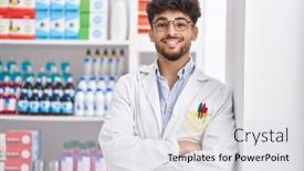  Presentation with pharmacy - Slides enhanced with young-arab-man-pharmacist-smiling background and a light gray colored foreground