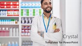  Presentation with arab - Slide deck with young-arab-man-pharmacist-smiling background and a light gray colored foreground