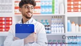  Presentation with pharmacy - Presentation with young-arab-man-pharmacist-smiling background and a light blue colored foreground