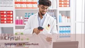  Presentation with scanning - PPT theme featuring young-arab-man-pharmacist-smiling background and a coral colored foreground