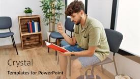 Presentation with waiting room - Presentation design featuring young-arab-man-reading-book background and a coral colored foreground