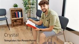  Presentation with waiting room - Presentation with young-arab-man-reading-book background and a coral colored foreground
