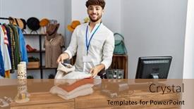  Presentation with arab - Presentation theme with young-arab-man-shopkeeper-holding background and a coral colored foreground