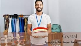  Presentation with arab - Presentation having young-arab-man-shopkeeper-holding background and a coral colored foreground