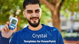  Presentation with glucometer - PPT theme featuring young-arab-man-smiling-confident background and a ocean colored foreground