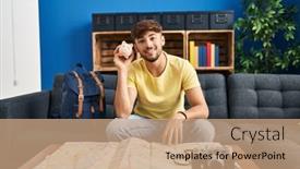  Presentation with piggy bank - Presentation theme consisting of young-arab-man-smiling-confident background and a coral colored foreground