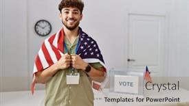  Presentation with united states flag - Slide set consisting of young-arab-man-smiling-confident background and a coral colored foreground