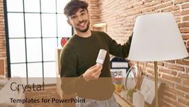  Presentation with new home - Presentation design having young-arab-man-smiling-confident background and a coral colored foreground